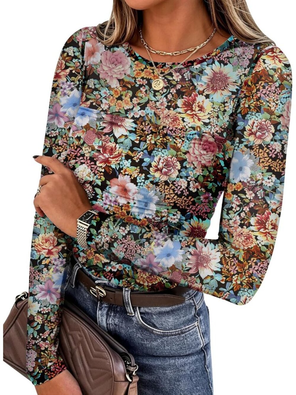 Women Floral Print Sheer Mesh Round Neck Long Sleeve Plain Hem Dressy Blouse Top